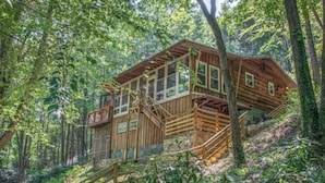A wooden cabin with a staircase leading up to a deck, surrounded by dense forest.