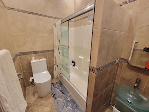 Hair dryer, bidet, towels, soap