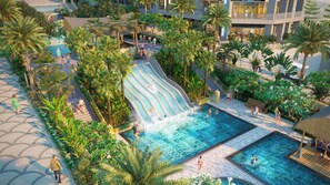 3 outdoor pools, open 9:00 AM to 9:00 PM, free pool cabanas