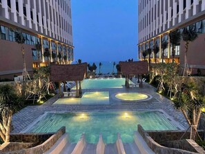 3 outdoor pools, open 9:00 AM to 9:00 PM, free pool cabanas