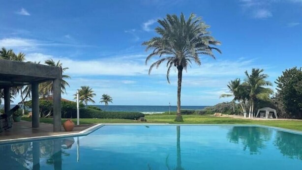 A clear blue pool with a view of the ocean and palm trees.