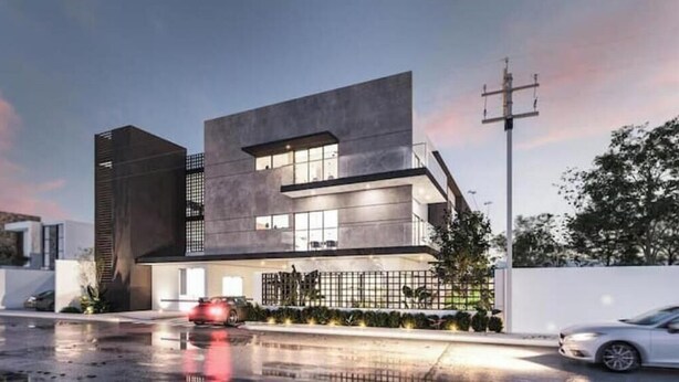 A modern two-story house with a flat roof, large windows, and a garage. - Urban Refuge, Loft with pool and cowork (Mérida)