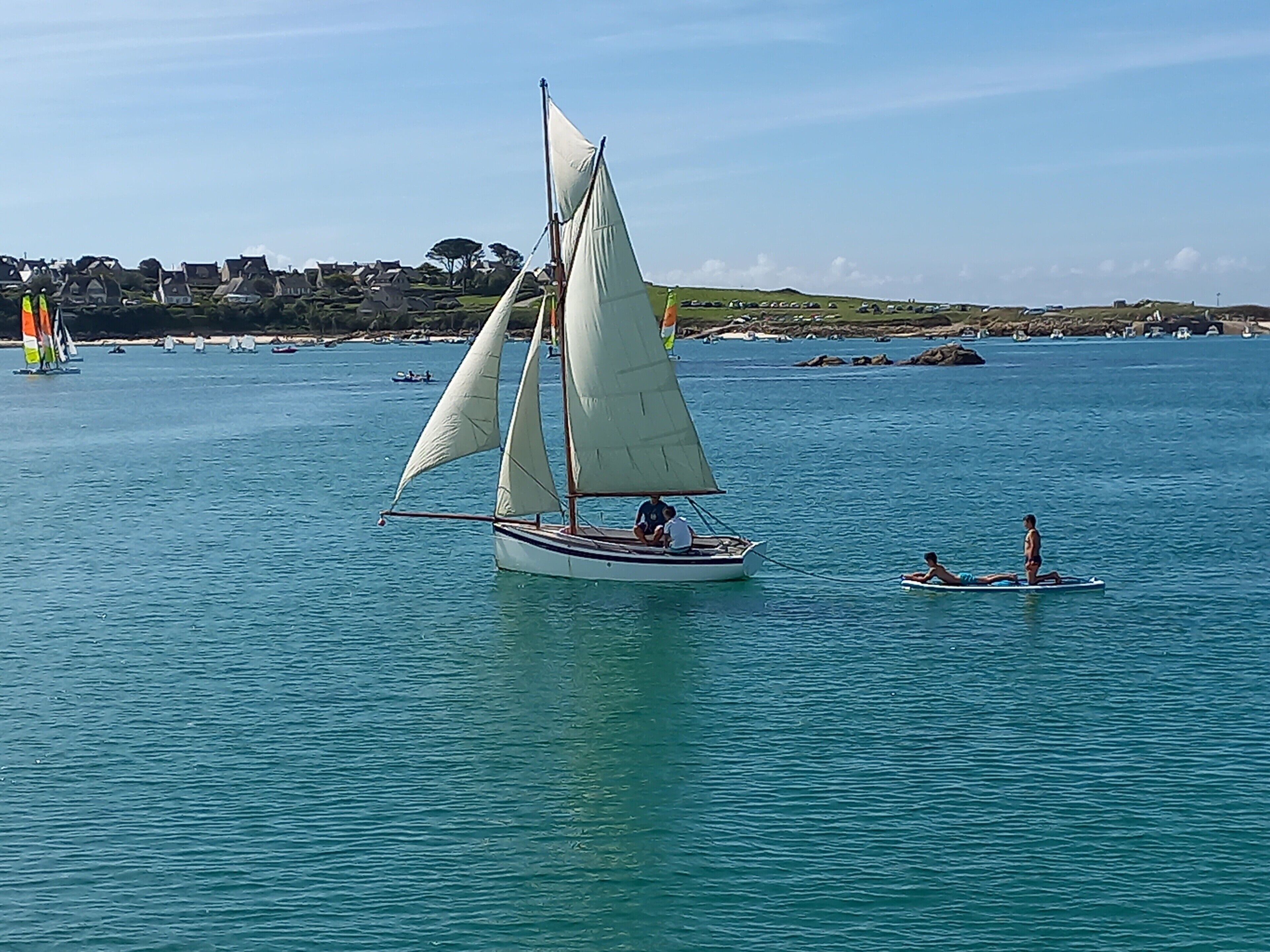 Un velero en aguas tranquilas con una costa lejana de casas.