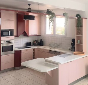 A modern kitchen with pink cabinets, stainless steel appliances, a white countertop, and hanging plants.