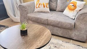 A grey sofa with two decorative pillows, one with the word "love" and another with a face design. A small potted plant is on a round wooden table in front of the sofa. - Rossyln haven studio (Nairobi)