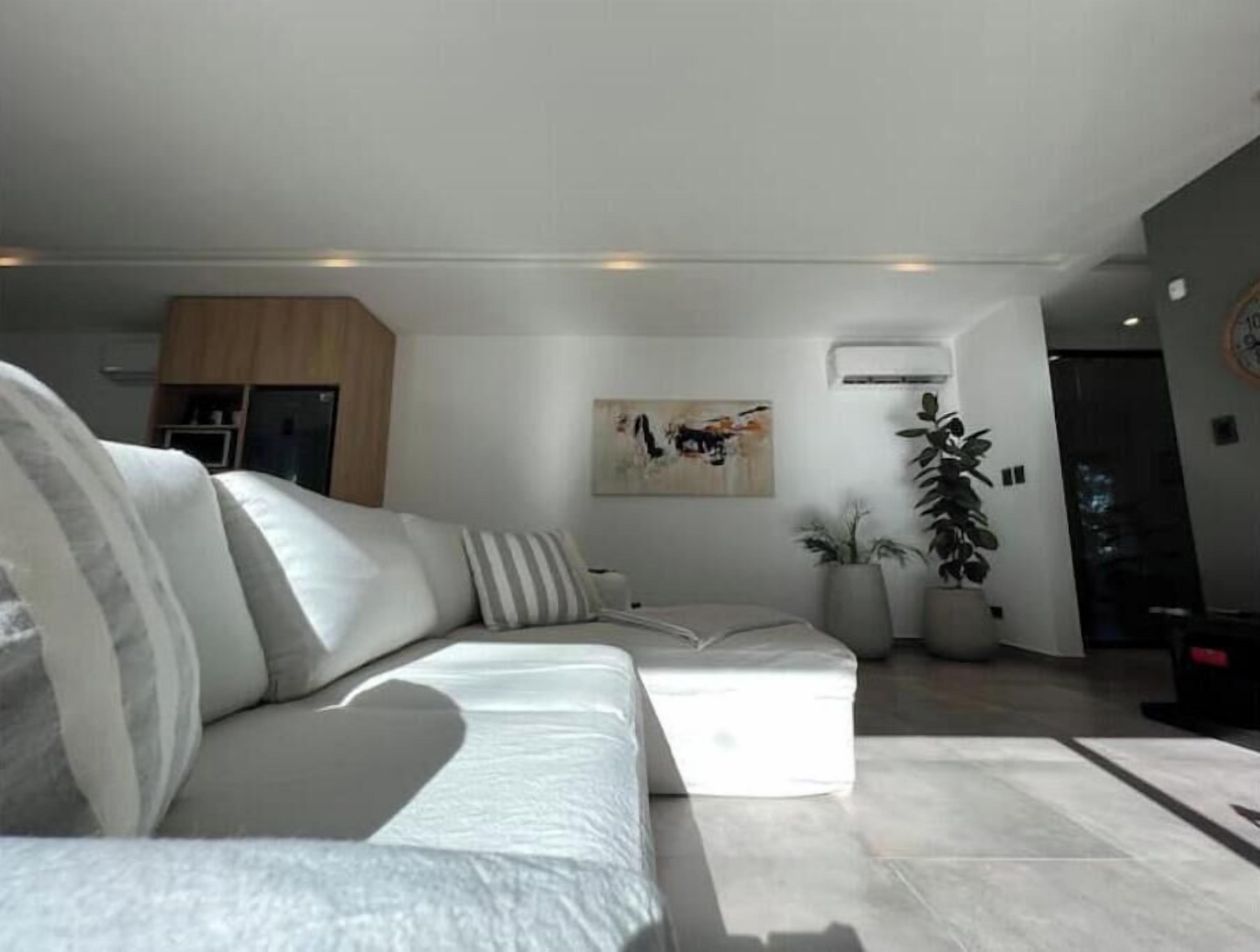 Uma sala de estar moderna com um sofá branco, uma mesa de centro e uma grande planta em vaso.