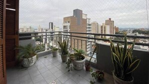 Een balkon met potplanten, uitzicht op stadsgebouwen en een bewolkte lucht.