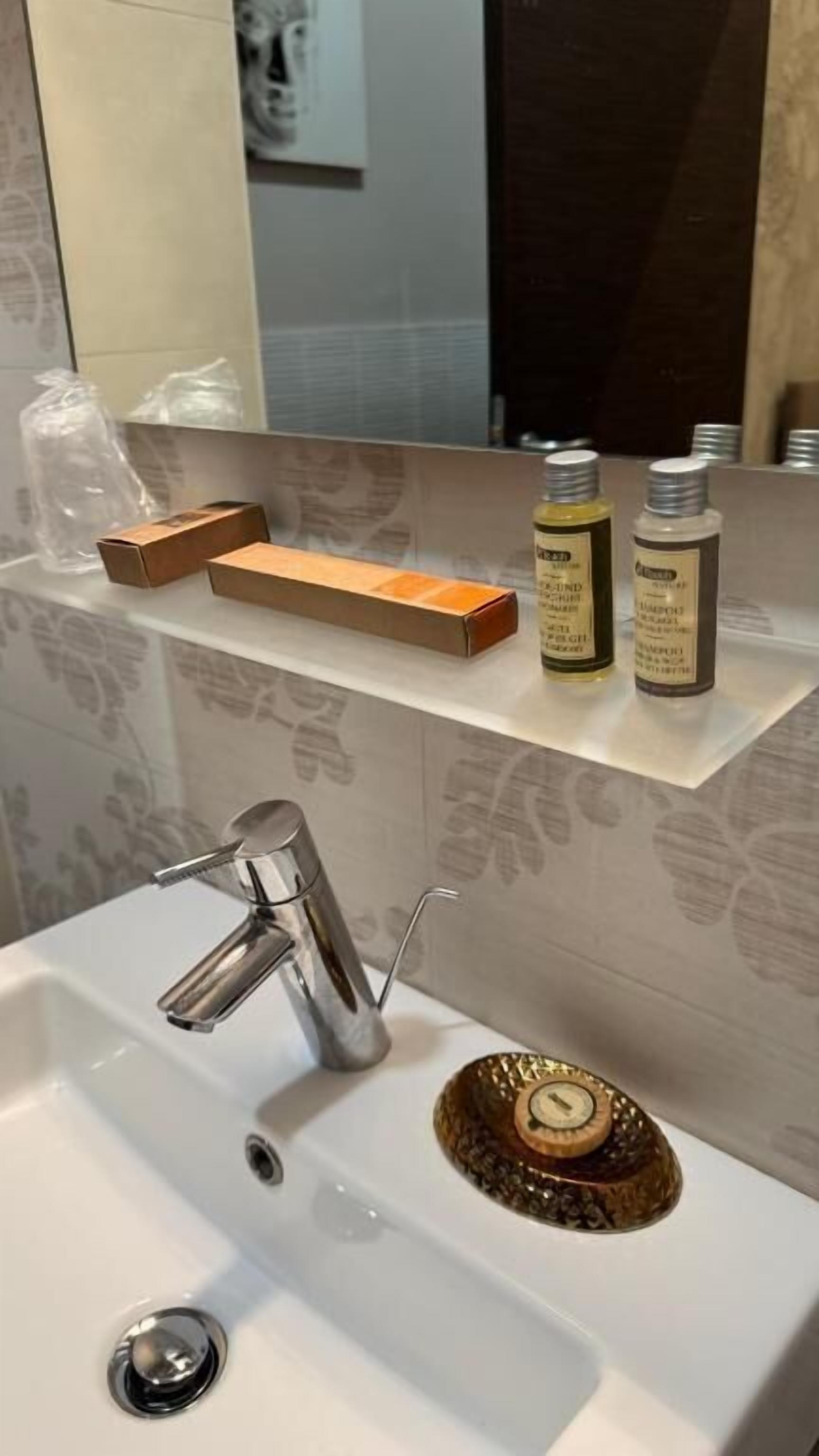 A bathroom with a white sink, a mirror, and two shampoo bottles on a shelf.