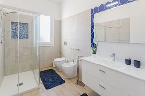 Shower, hair dryer, bidet, towels