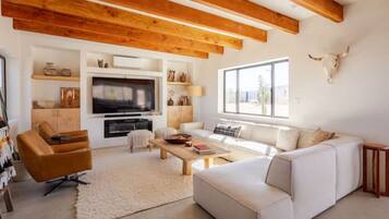 Smart TV, fireplace, books