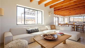 Smart TV, fireplace, books