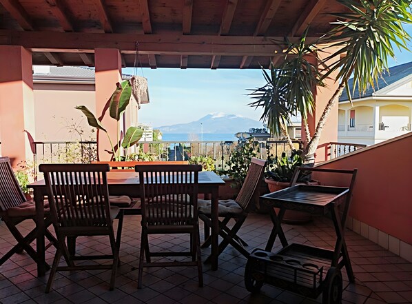 Une terrasse dotée de meubles en bois, de plantes en pot et offrant une vue sur une montagne.
