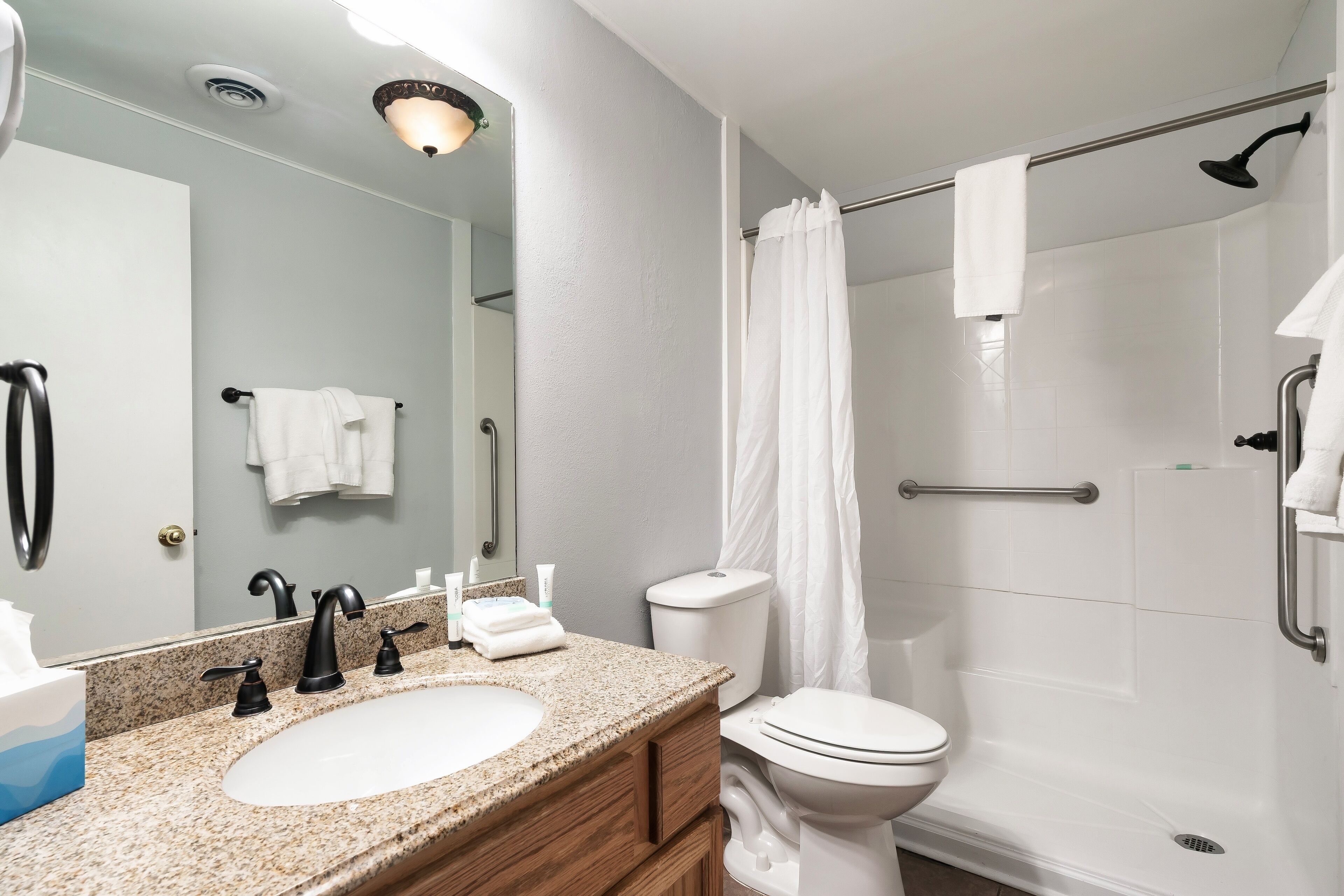 A modern bathroom with a granite countertop sink, a white toilet, a shower with a glass door, and a mirror with a light fixture.