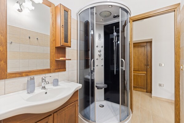 Shower, hair dryer, towels