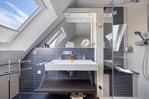 Shower, hair dryer, towels