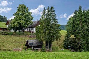 A rural landscape with houses, trees, and a grassy field.
