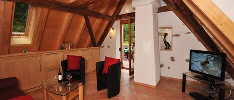 Tv, eldstad, ett bordtennisbord och en stereo