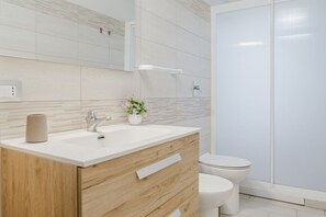 Shower, hair dryer, bidet, towels