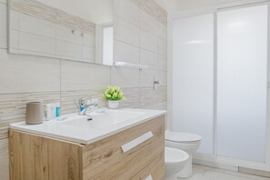 Shower, hair dryer, bidet, towels