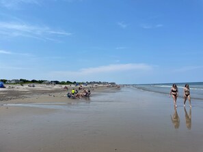 A beach with people sunbathing and walking.