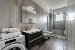 Shower, hair dryer, bidet, towels
