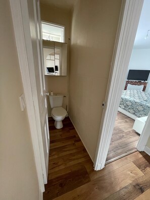 Shower, hair dryer, soap, toilet paper