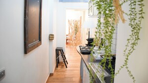 A narrow kitchen with wooden flooring, a black countertop, and a hanging plant. - LuMa Suite Spanish-Trevi Via degli Artisti 23 (Roma)