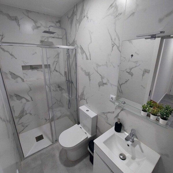 Shower, hair dryer, towels, toilet paper