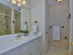 Shower, towels, soap, toilet paper