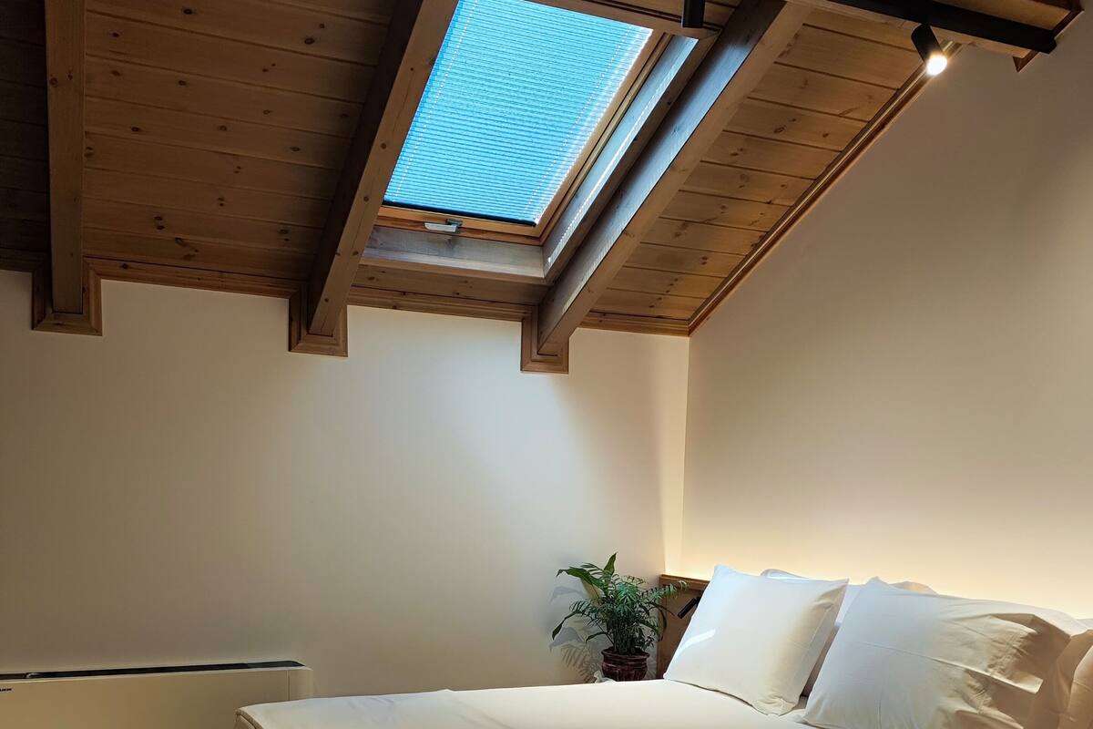 Une chambre avec un plafond en bois, une lucarne, un lit, un radiateur et une plante en pot.