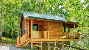 A wooden cabin with a green roof, a wooden deck, and a stone foundation. - Kozy Cub Cabin, Gated Resort, Pool Table (Sevier County)