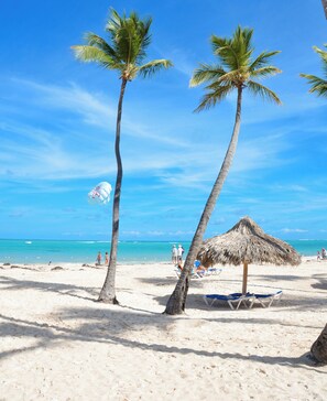 A beach with palm trees, a thatched umbrella, and beach chairs. - Villa 8 M-4
Beautiful Ocean View 2 Bedroom, steps to the private beach (Punta Cana)
