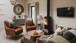 A modern living room with a fireplace, leather armchairs, a sofa, and a flat-screen TV.