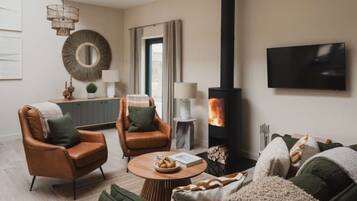 Smart TV, fireplace, books, stereo