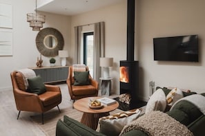 TV connectée, cheminée, livres, chaîne hi-fi