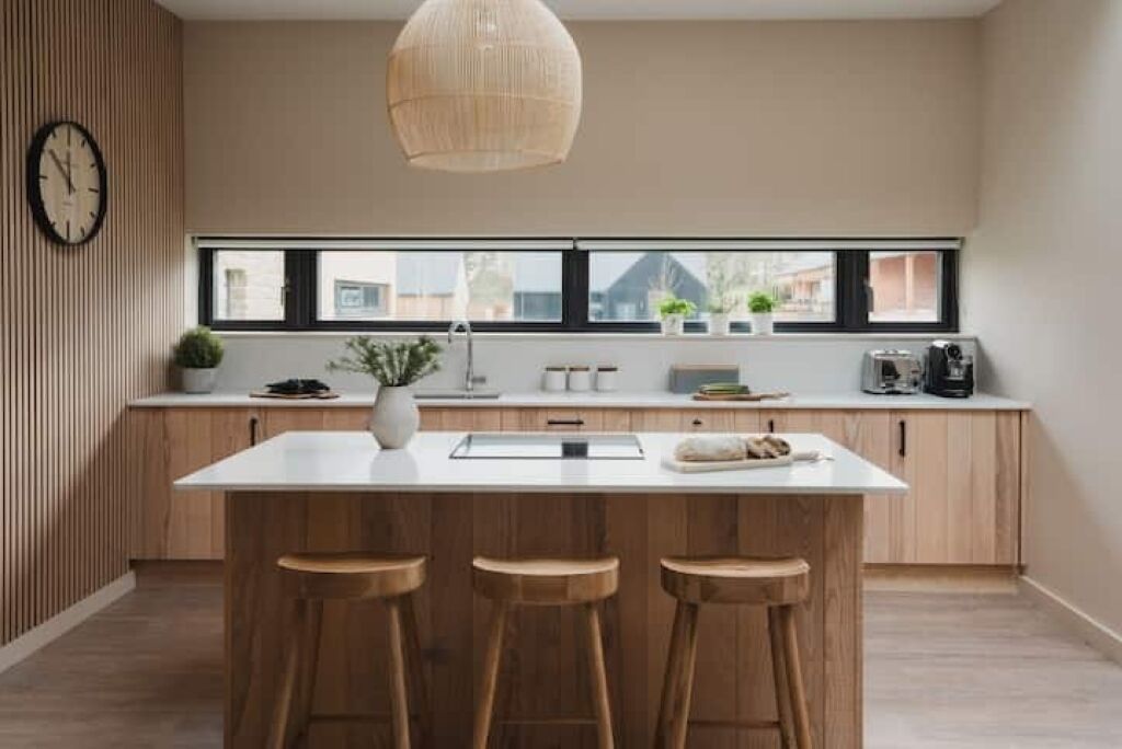 Una cucina moderna con un'isola grande, sgabelli di legno, un lampadario e vista dalla finestra.