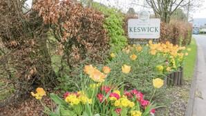 A welcome sign to Keswick on Derwentwater, a flower bed with tulips and other flowers, and a road with a bus in the background. - Swirl Howe (Keswick)