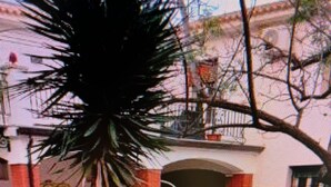 Ein Gebäude mit roter Fassade, einer Palme und einem kleinen Garten.