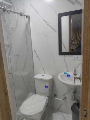 Kylpyhuone, jossa on lasiseinällä varustettu suihkutila, wc, pesuallas ja peili.