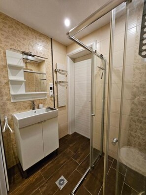 Douche, sèche-cheveux, serviettes fournies, papier toilette