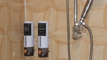 Shower, hair dryer, bidet, towels