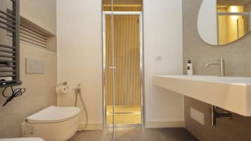 Ducha, secador de pelo, toallas, jabón