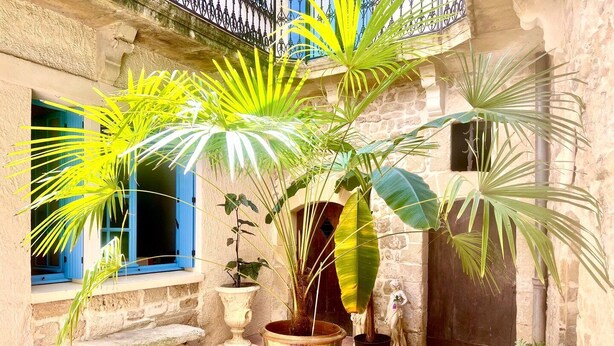 A courtyard with a large copper pot, potted plants, a stone bench, and a statue.