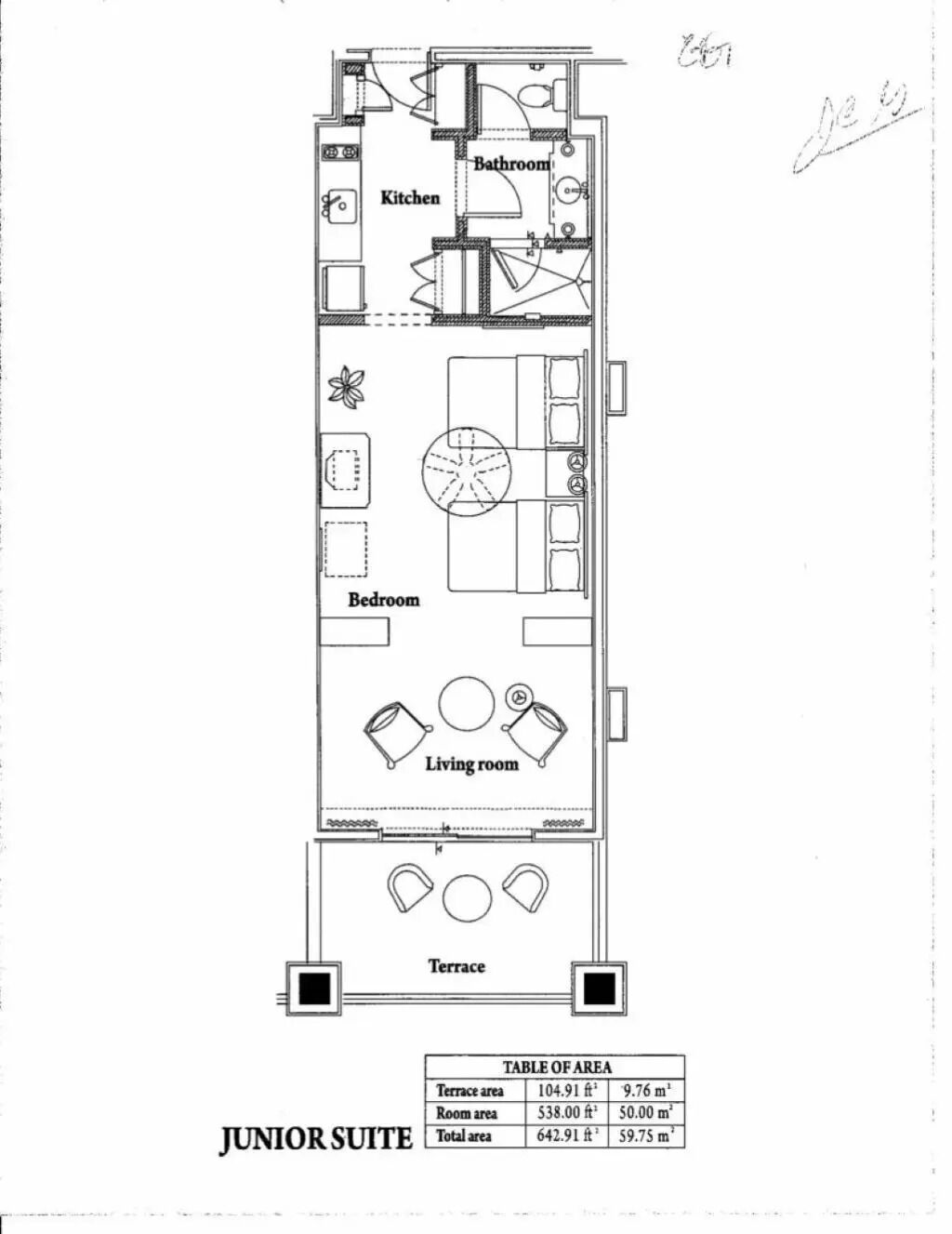 A junior suite floor plan with a kitchen, bathroom, bedroom, living room, and terrace.