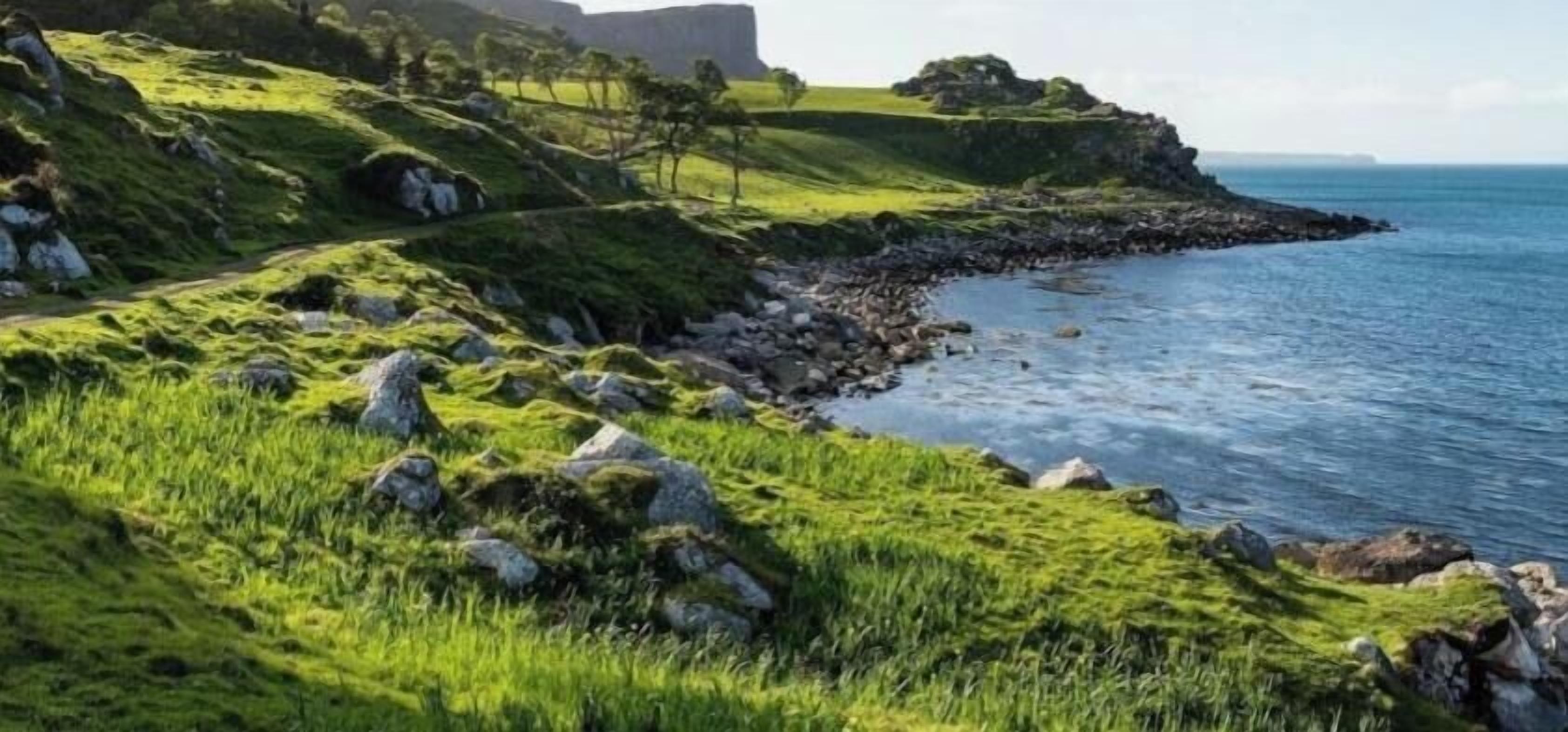 A coastal landscape with green hills, a rocky shoreline, and a calm sea.