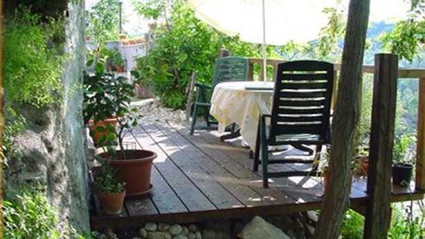 Eine Holzterrasse mit Tisch und Stühlen, umgeben von Topfpflanzen und Blick ins Grüne.