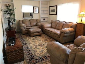 Ein Wohnzimmer mit Ledersofas, einem gemusterten Teppich, einer Pflanze und einer Lampe.