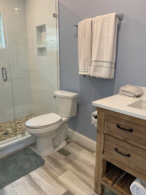 Een haardroger, handdoeken, zeep, toiletpapier