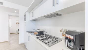 Kühlschrank, Mikrowelle, Herdplatte, Wasserkocher mit Kaffee-/Teezubehör