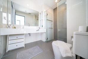 Shower, hair dryer, towels, toilet paper
